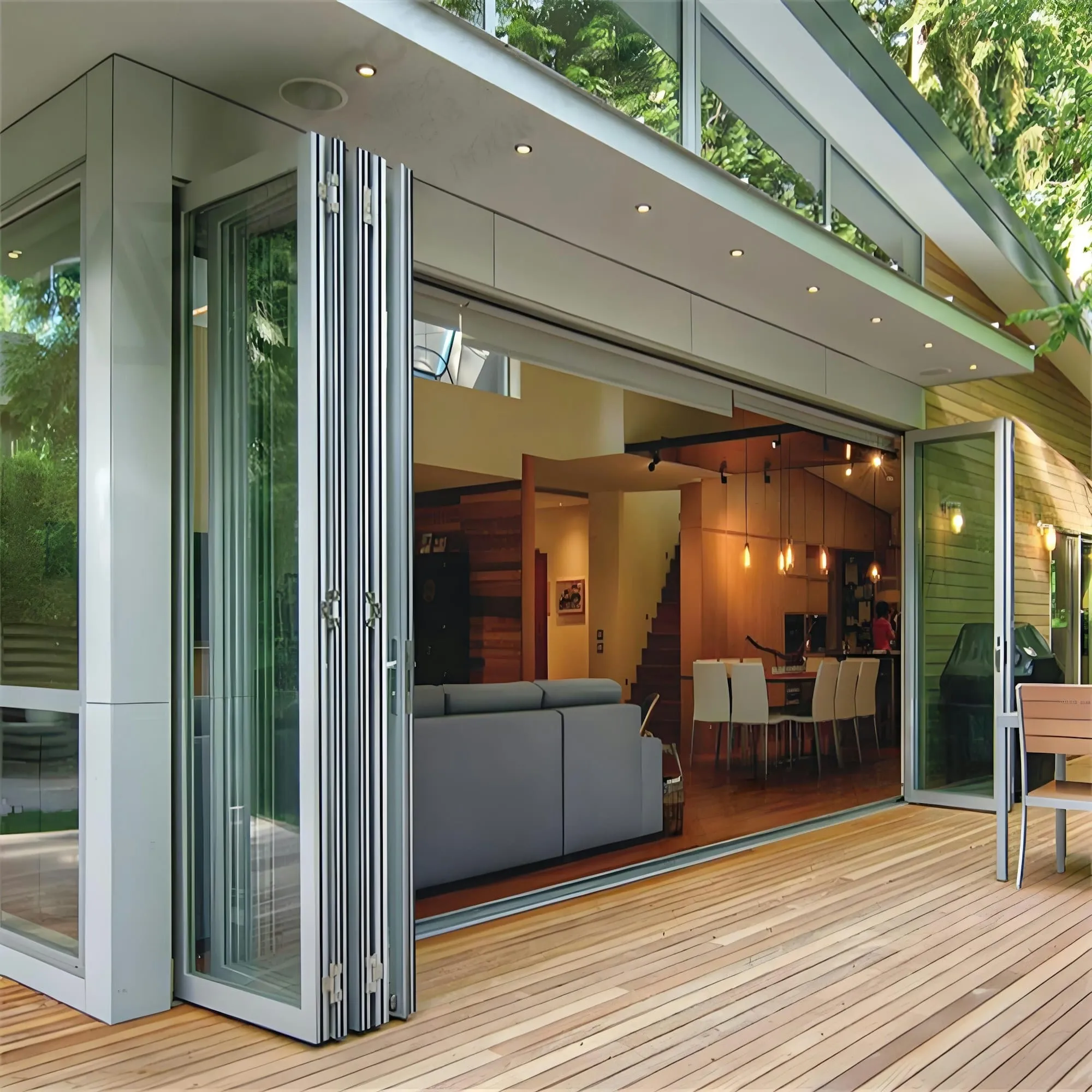 Modern rear extension with folding glass doors opening onto a deck