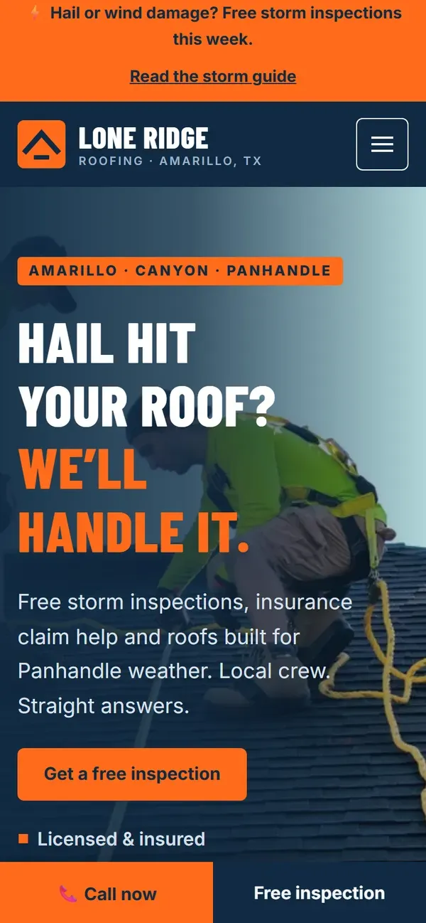 Lone Ridge Roofing concept website on a phone
