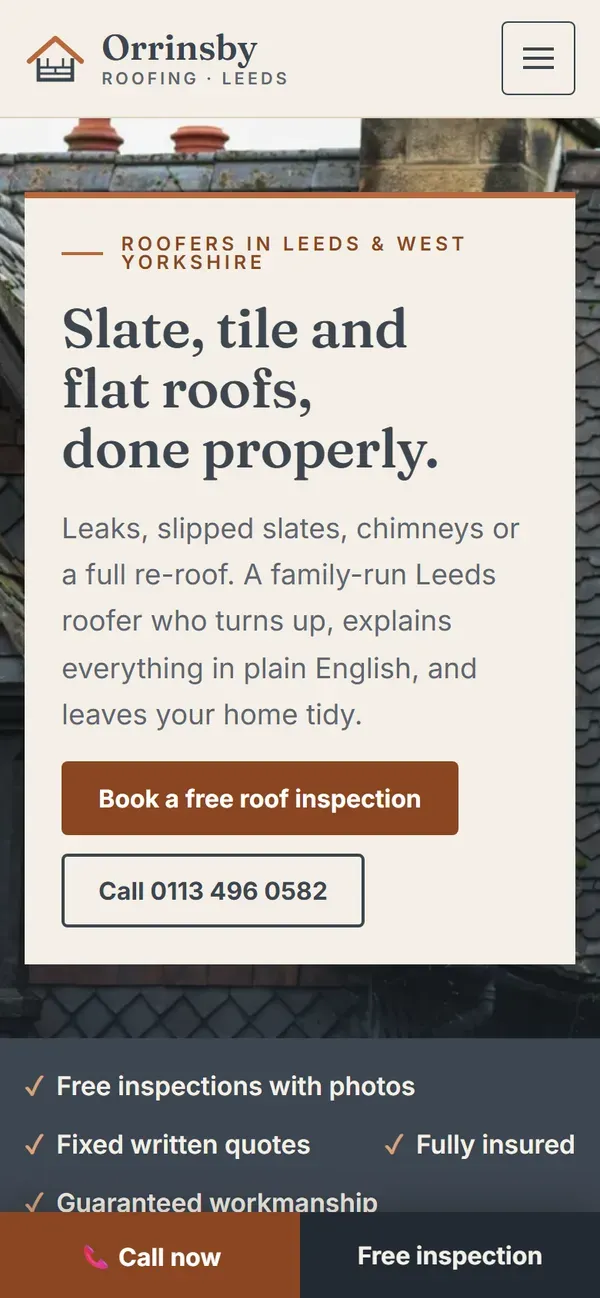 Orrinsby Roofing concept website on a phone